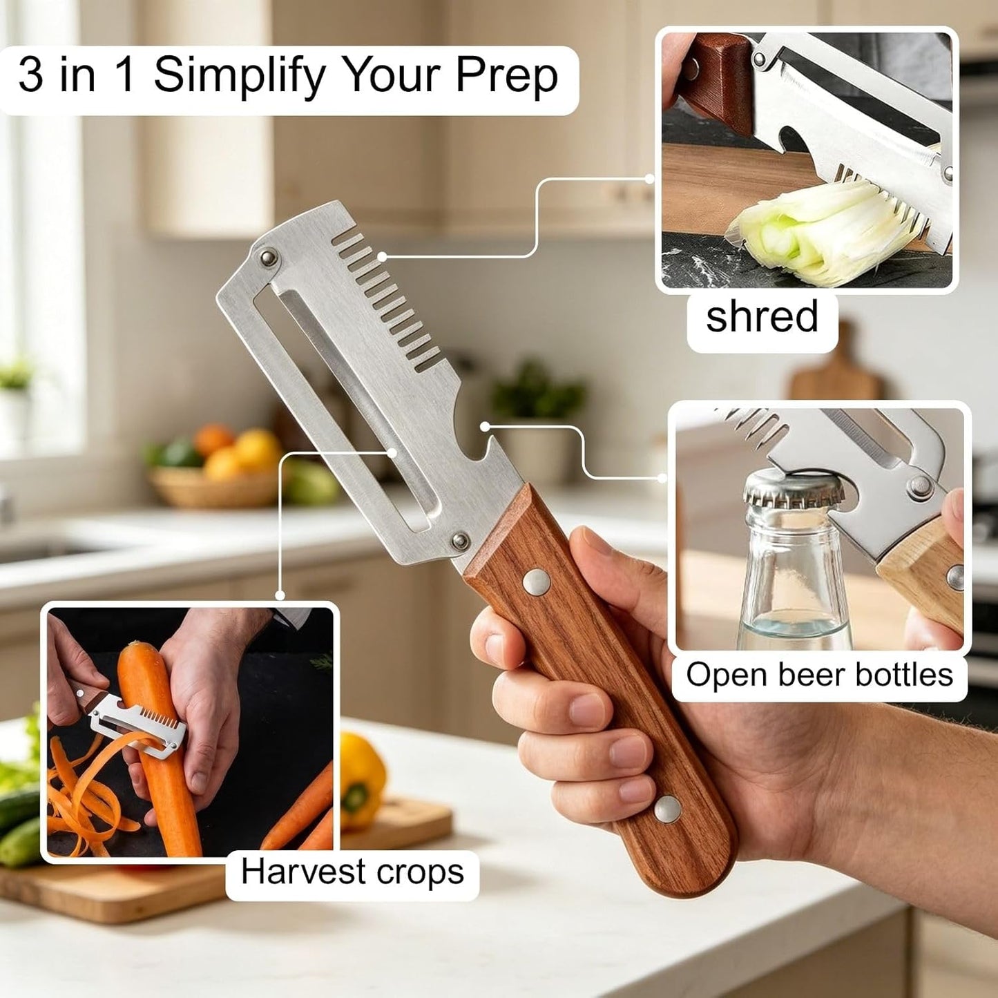 3-in-1 Multifunctional Kitchen Tool โ Stainless Steel Peeler, Bottle Opener & Onion Slicer with Wooden Handle