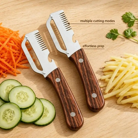 3-in-1 Multifunctional Kitchen Tool – Stainless Steel Peeler, Bottle Opener & Onion Slicer with Wooden Handle