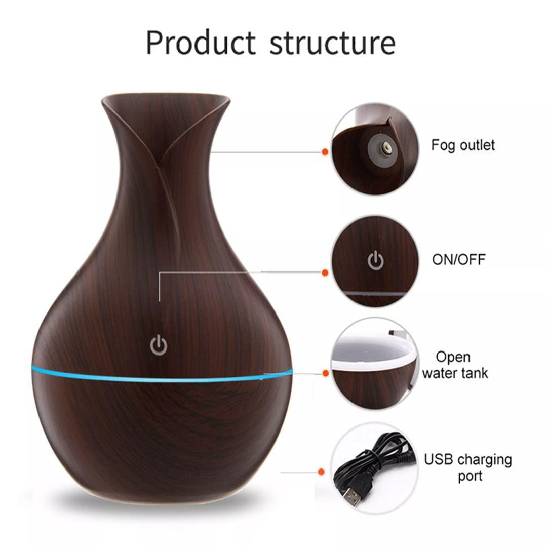 Wood Grain Vase-Shape Ultrasonic Humidifier – USB Aromatherapy Essential Oil Diffuser with LED Ligh