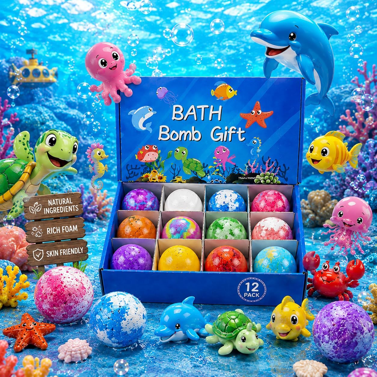 Kids Bath Bomb Gift Set – 12 Colorful Bath Bombs with Sea Animal Toys (Fun & Fizzy Bath Time)