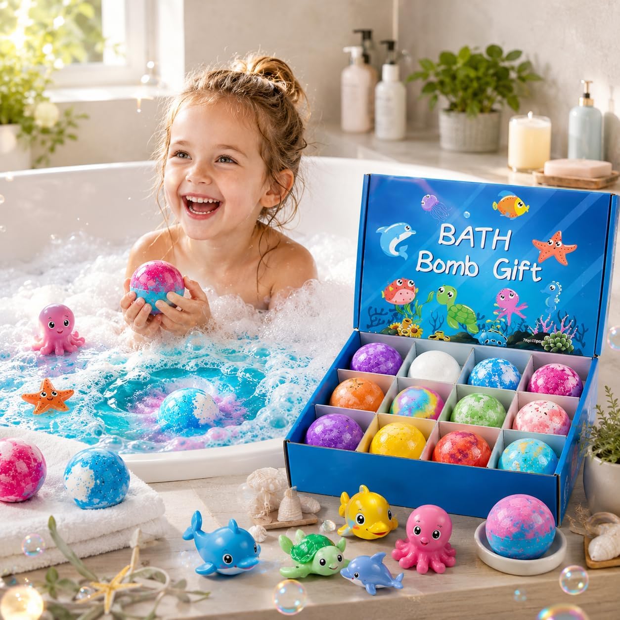 Kids Bath Bomb Gift Set – 12 Colorful Bath Bombs with Sea Animal Toys (Fun & Fizzy Bath Time)