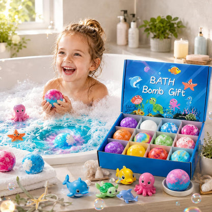 Kids Bath Bomb Gift Set – 12 Colorful Bath Bombs with Sea Animal Toys (Fun & Fizzy Bath Time)