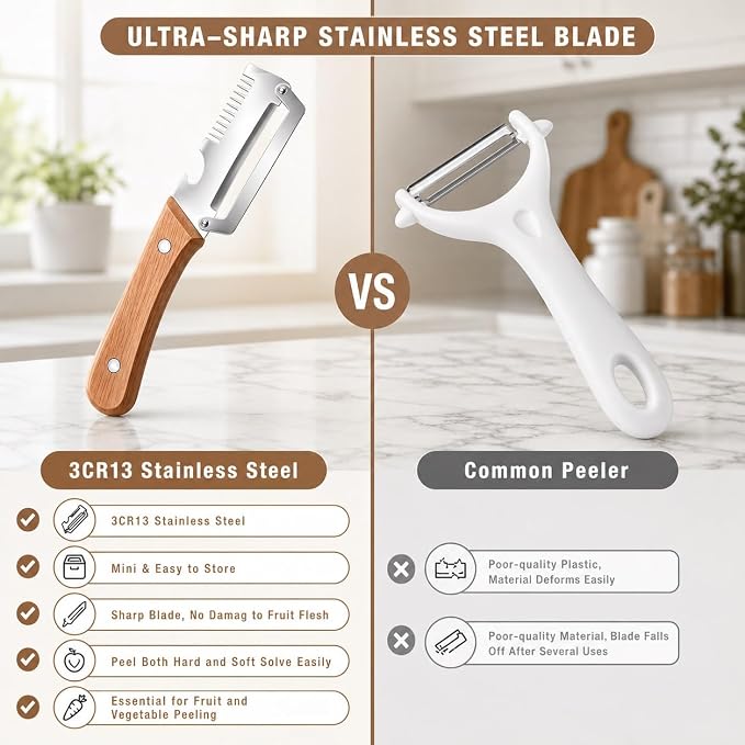 3-in-1 Multifunctional Kitchen Tool – Stainless Steel Peeler, Bottle Opener & Onion Slicer with Wooden Handle