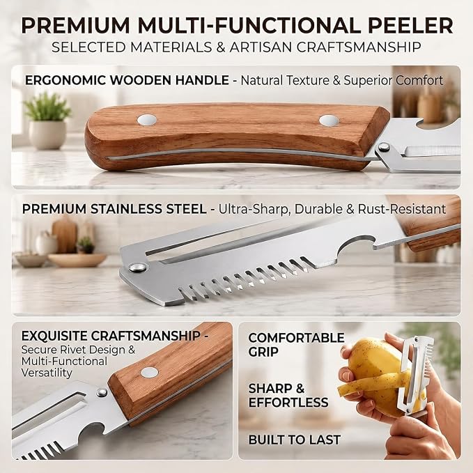 3-in-1 Multifunctional Kitchen Tool – Stainless Steel Peeler, Bottle Opener & Onion Slicer with Wooden Handle