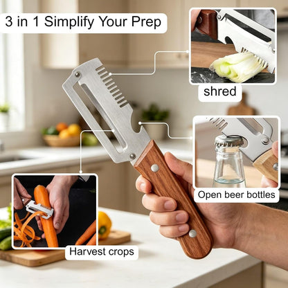 3-in-1 Multifunctional Kitchen Tool – Stainless Steel Peeler, Bottle Opener & Onion Slicer with Wooden Handle