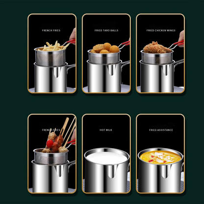 Stainless Steel Deep Fryer Pot with Strainer Basket & Oil Drainer Spout (Compact Frying Pot)