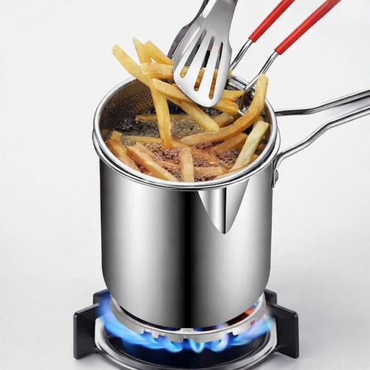 Stainless Steel Deep Fryer Pot with Strainer Basket & Oil Drainer Spout (Compact Frying Pot)