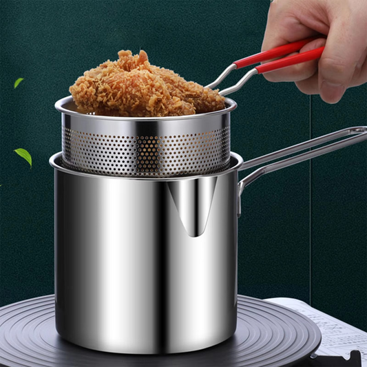 Stainless Steel Deep Fryer Pot with Strainer Basket & Oil Drainer Spout (Compact Frying Pot)