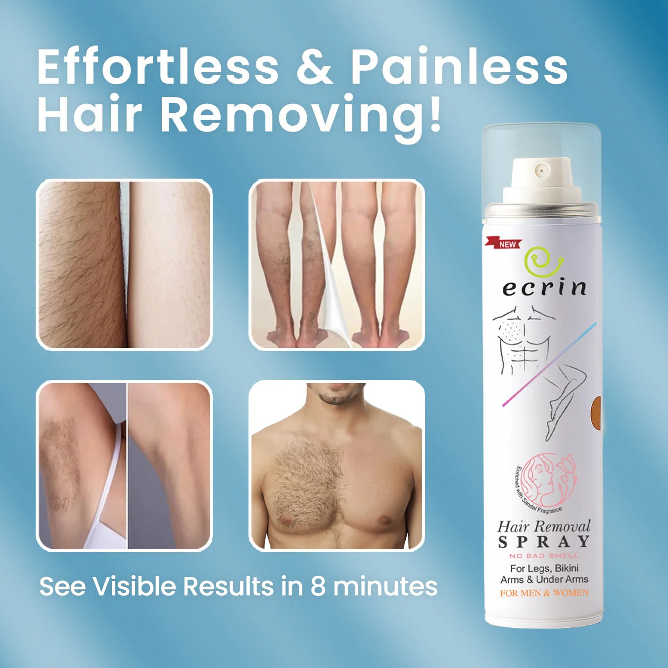 Ecrin Hair Removal Spray – Painless Hair Remover for Legs, Underarms, Chest & Bikini Area (For Men & Women)