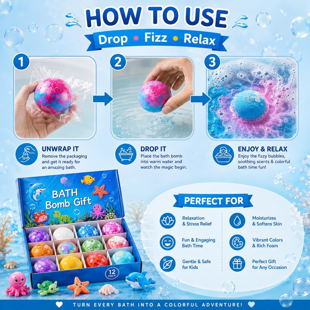 Kids Bath Bomb Gift Set – 12 Colorful Bath Bombs with Sea Animal Toys (Fun & Fizzy Bath Time)