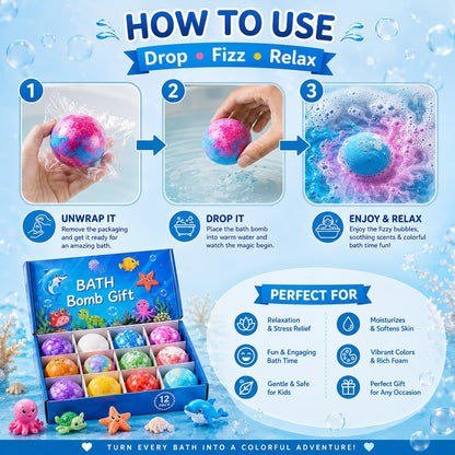 Kids Bath Bomb Gift Set – 12 Colorful Bath Bombs with Sea Animal Toys (Fun & Fizzy Bath Time)