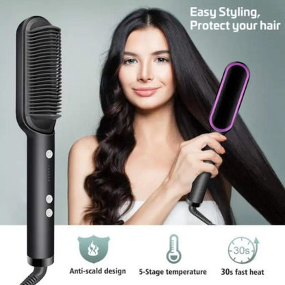 Hair Straightener Brush – Anti-Scald Ceramic Heating Comb with 5-Stage Temperature Control (Fast Heat, Frizz-Free Styling)