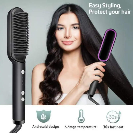 Hair Straightener Brush – Anti-Scald Ceramic Heating Comb with 5-Stage Temperature Control (Fast Heat, Frizz-Free Styling)
