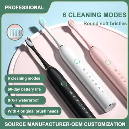 Professional Electric Sonic Toothbrush – 6 Cleaning Modes, IPX7 Waterproof with 4 Brush Heads