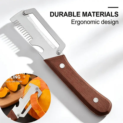 3-in-1 Multifunctional Kitchen Tool – Stainless Steel Peeler, Bottle Opener & Onion Slicer with Wooden Handle