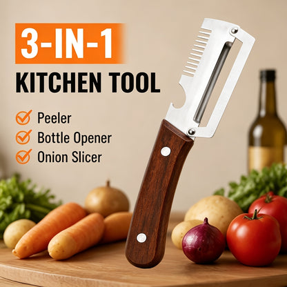 3-in-1 Multifunctional Kitchen Tool – Stainless Steel Peeler, Bottle Opener & Onion Slicer with Wooden Handle