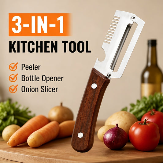 3-in-1 Multifunctional Kitchen Tool – Stainless Steel Peeler, Bottle Opener & Onion Slicer with Wooden Handle