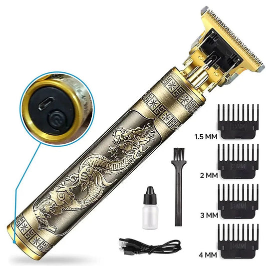 Vintage T9 Professional Hair Trimmer – Rechargeable Cordless Beard & Hair Clipper with 4 Guide Combs (Dragon Design)