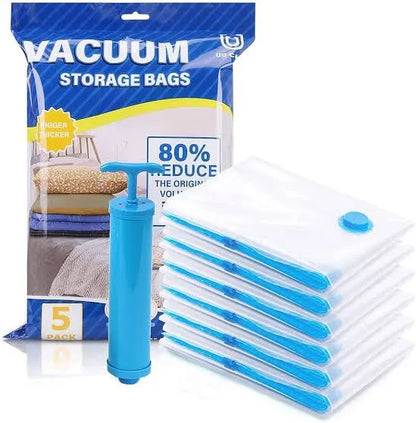 Vacuum Storage Bags (5 Pack) with Hand Pump – Space Saver Compression Bags for Clothes & Bedding