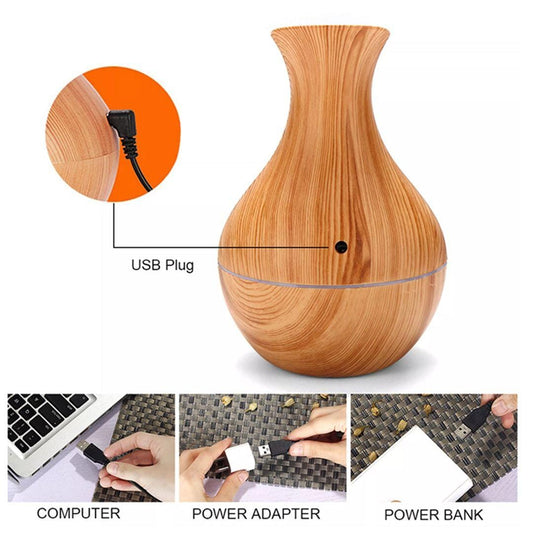 Wood Grain Vase-Shape Ultrasonic Humidifier – USB Aromatherapy Essential Oil Diffuser with LED Ligh