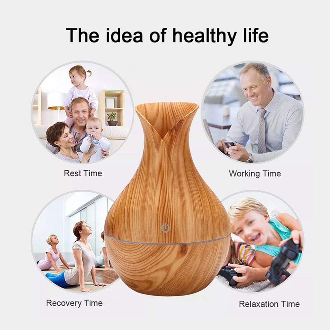 Wood Grain Vase-Shape Ultrasonic Humidifier – USB Aromatherapy Essential Oil Diffuser with LED Ligh