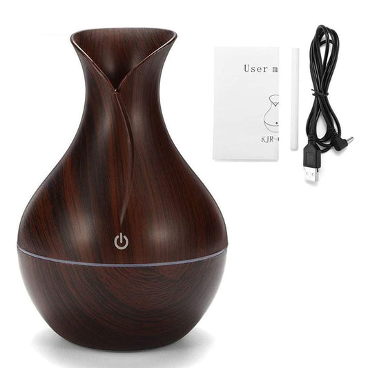 Wood Grain Vase-Shape Ultrasonic Humidifier – USB Aromatherapy Essential Oil Diffuser with LED Ligh
