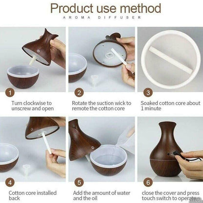 Wood Grain Vase-Shape Ultrasonic Humidifier – USB Aromatherapy Essential Oil Diffuser with LED Ligh