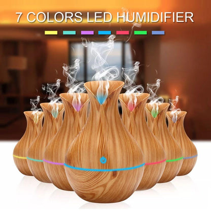 Wood Grain Vase-Shape Ultrasonic Humidifier – USB Aromatherapy Essential Oil Diffuser with LED Ligh