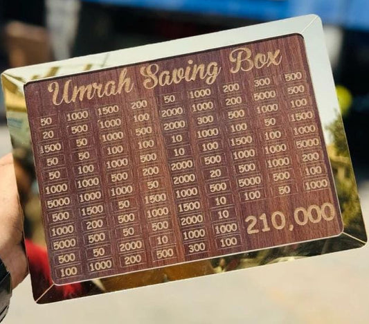 Umrah Saving Box – Wooden Money Saving Box with Secure Lock for Hajj & Umrah Planning