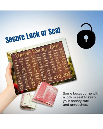 Umrah Saving Box – Wooden Money Saving Box with Secure Lock for Hajj & Umrah Planning